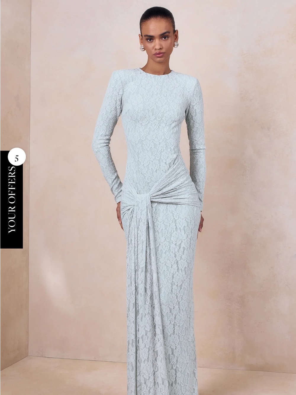 Long-Sleeve Lace Maxi Dress with Front Knot in Pale Blue